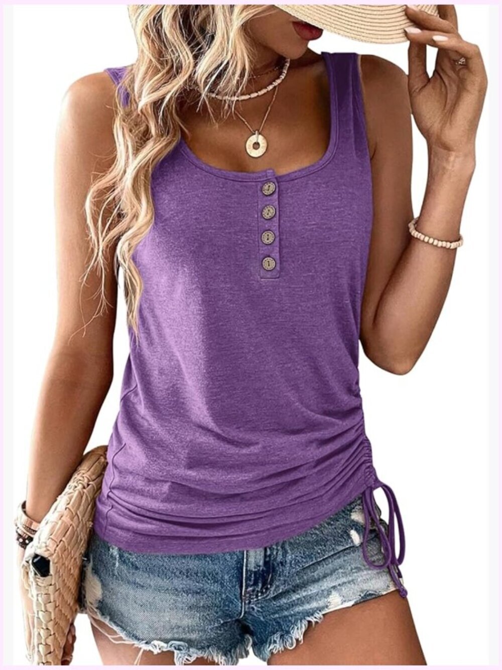 U Neck Loose Button Henley Tank Top Summer Sleeveless